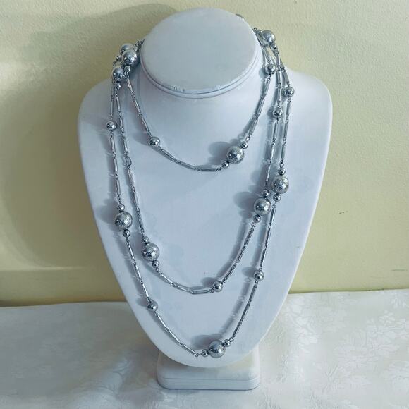 Vintage Silver Tone Bead Ball Link Long / Layered Chain Necklace, Sphere Fashion - Picture 9 of 12